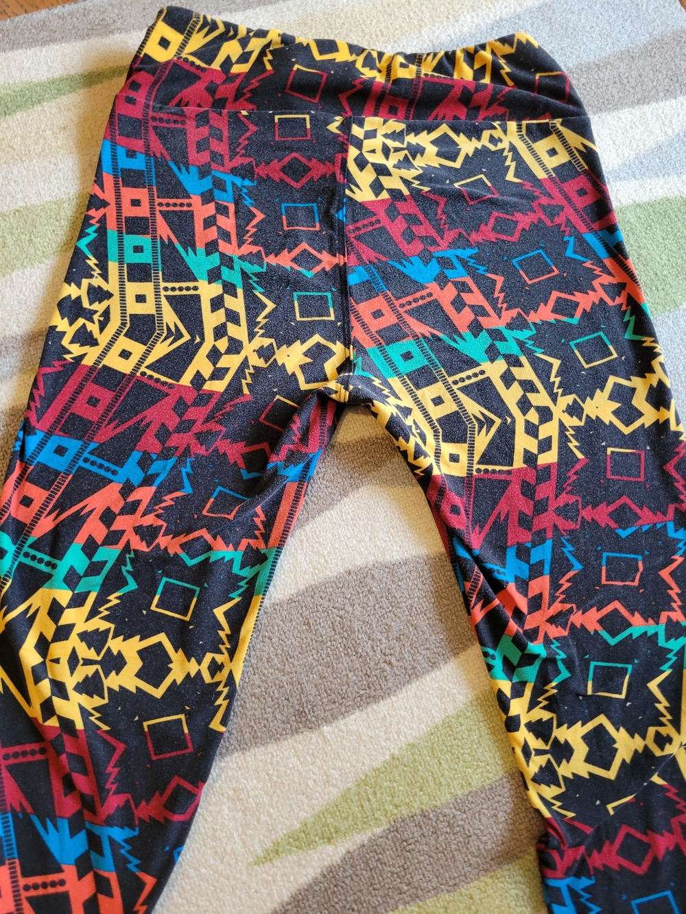LuLaRoe Black Leggings with Multicolor Geometric Aztec Print